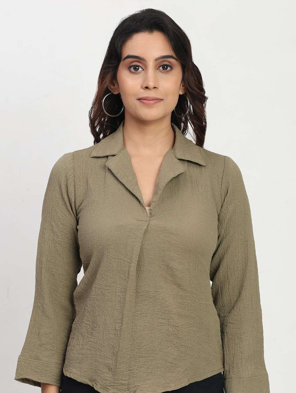 women solid long sleeve lapel collar shirt top - 22083554 - Standard Image - 5