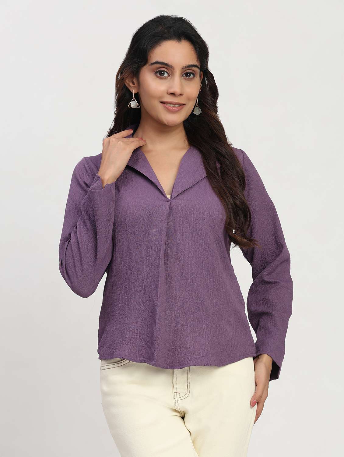 women solid long sleeve lapel collar shirt top - 22083555 - Zoom Image - 0