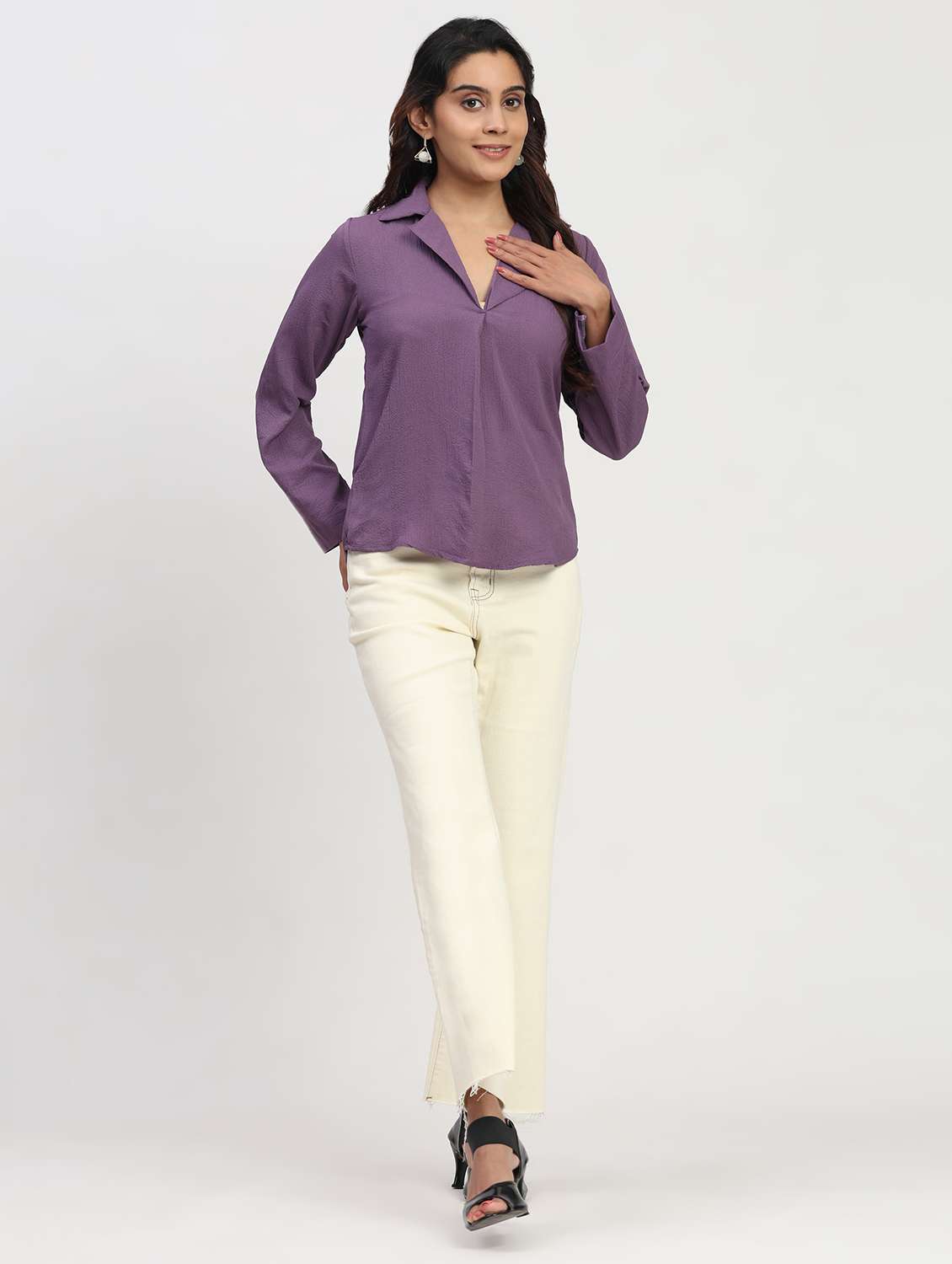 women solid long sleeve lapel collar shirt top - 22083555 - Standard Image - 3