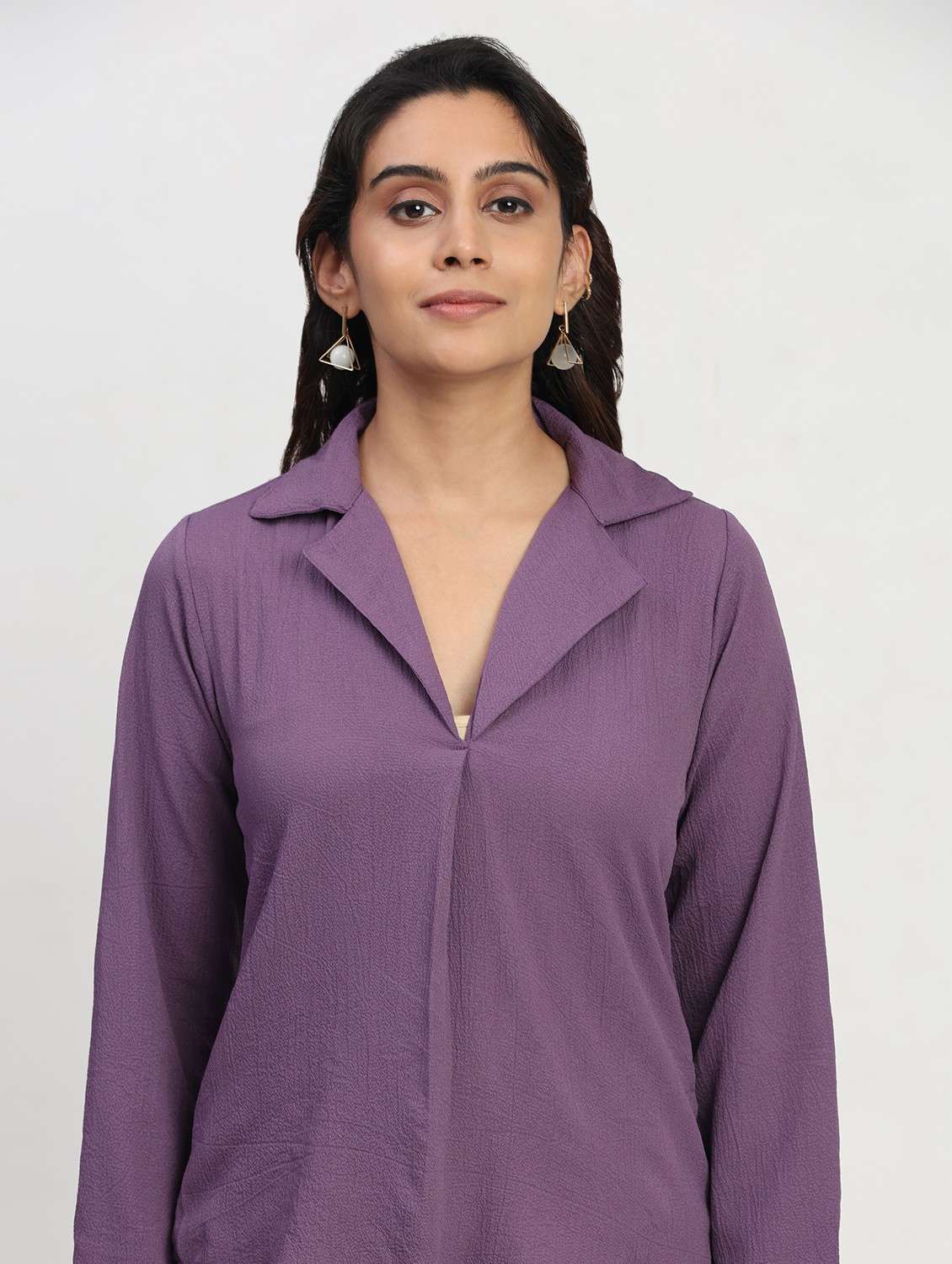 women solid long sleeve lapel collar shirt top - 22083555 - Standard Image - 5