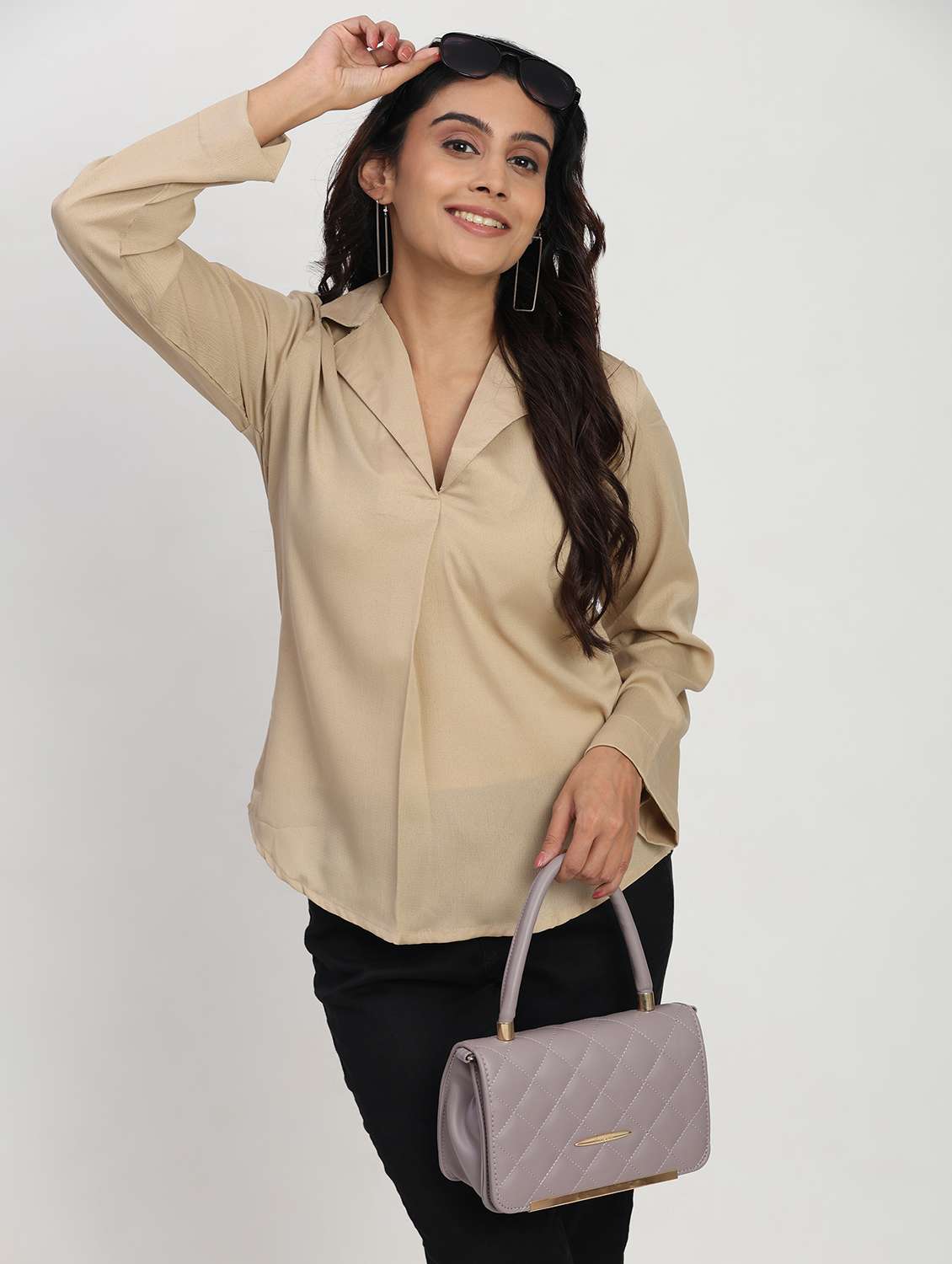 women solid long sleeve lapel collar shirt top - 22083557 -  Zoom Image - 0