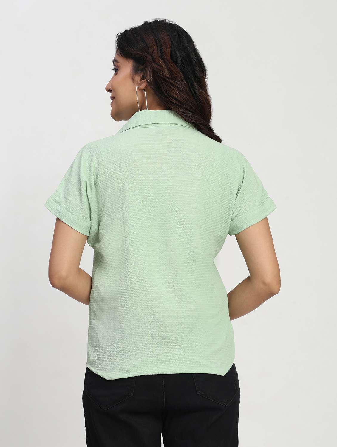 women solid short sleeve collared shirt top - 22083559 - Standard Image - 3