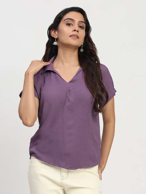 women solid short sleeve collared shirt top - 22083560 -  Standard Image - 0