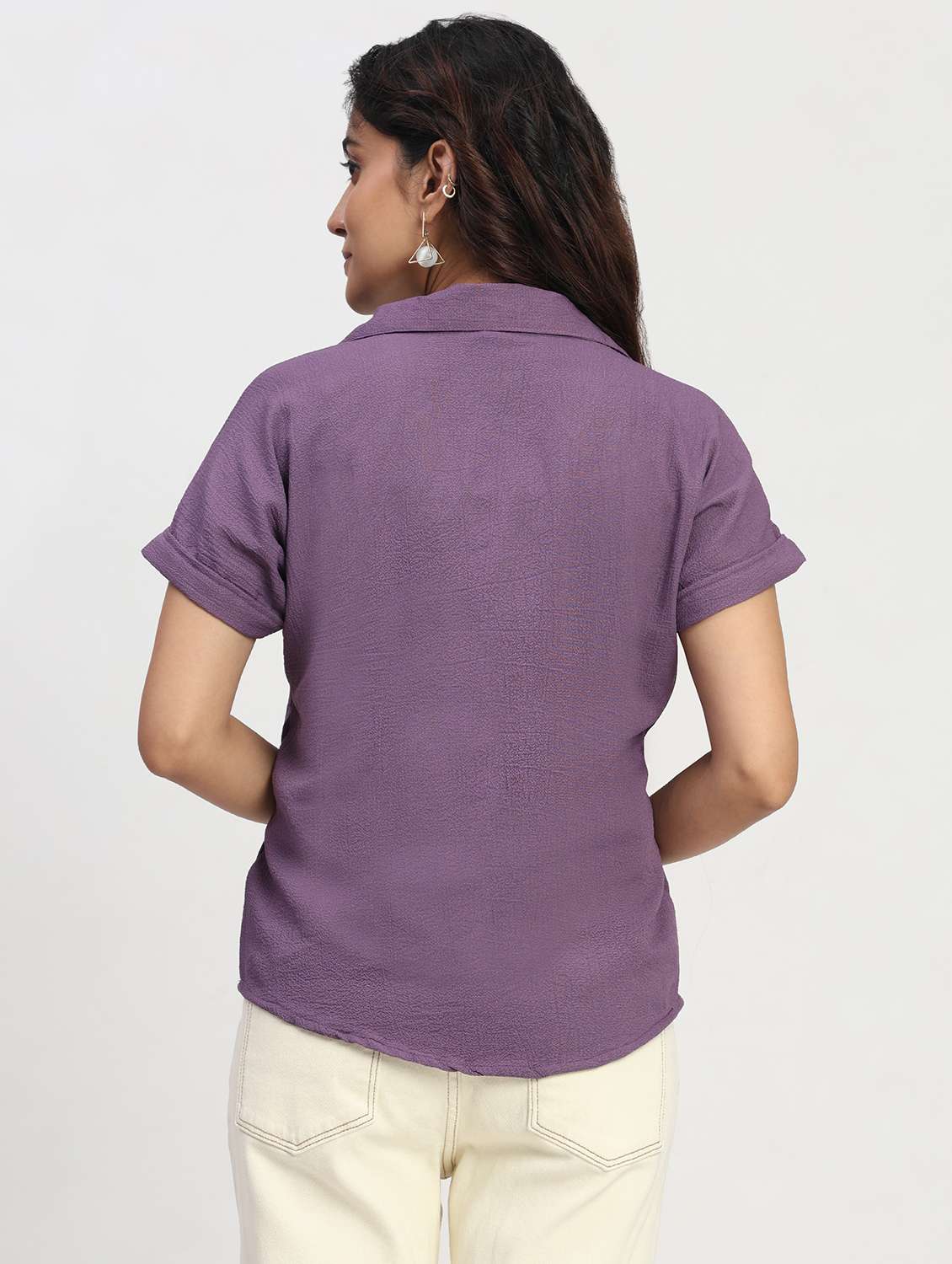 women solid short sleeve collared shirt top - 22083560 - Standard Image - 3