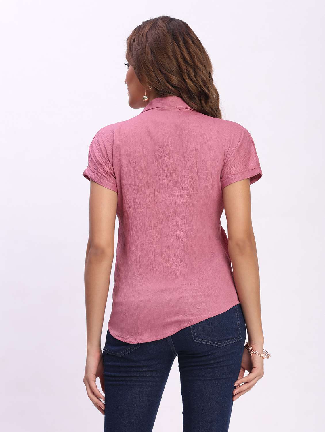 women solid short sleeve collared shirt top - 22083562 - Standard Image - 3