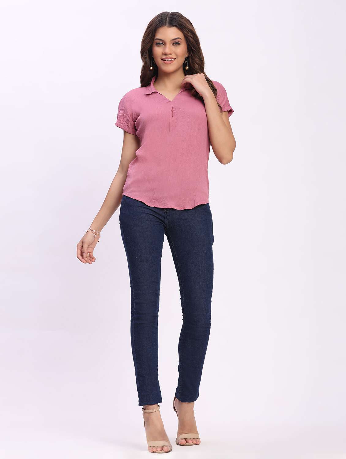 women solid short sleeve collared shirt top - 22083562 - Standard Image - 5