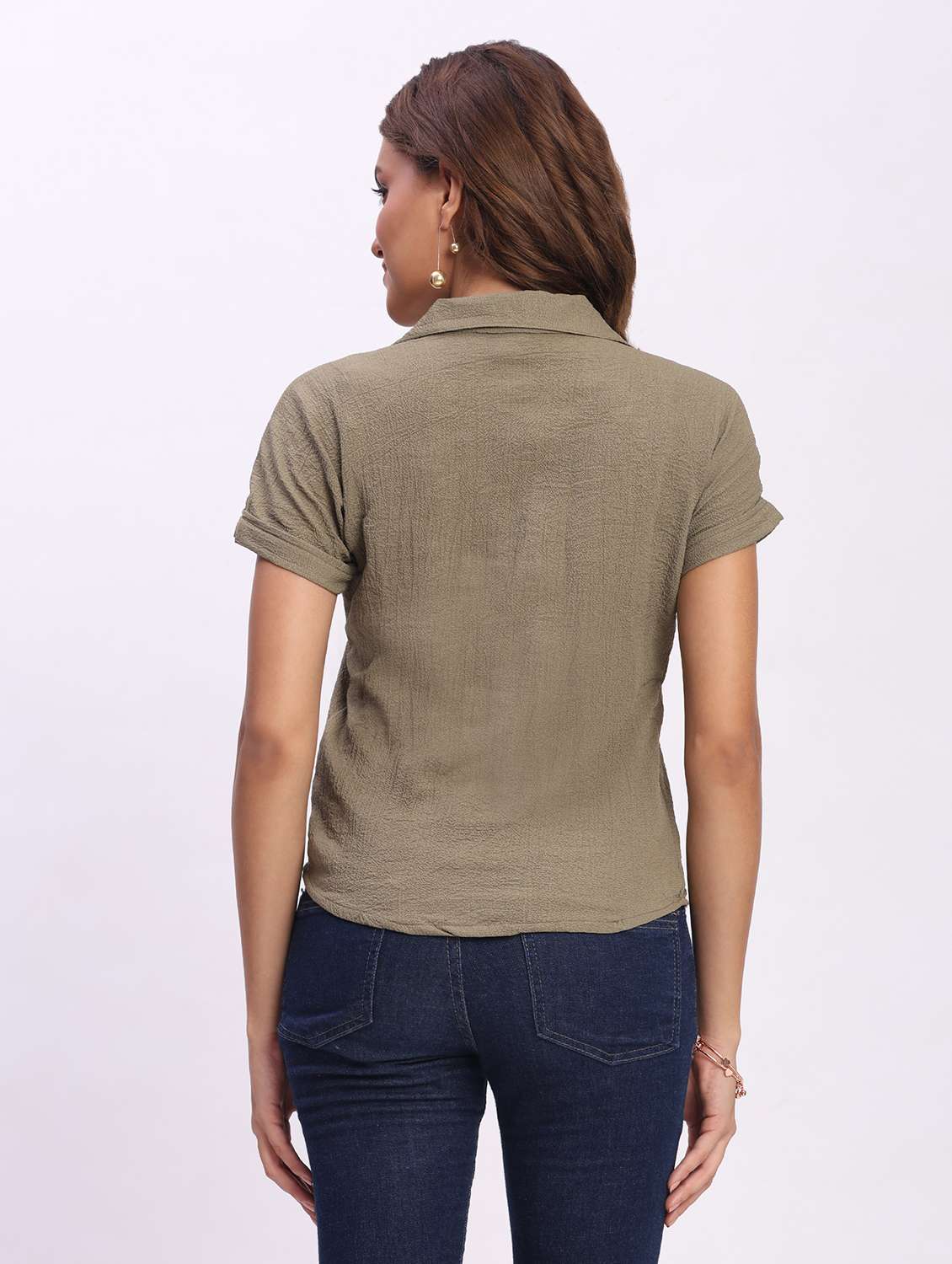 women solid short sleeve collared shirt top - 22083563 - Standard Image - 3