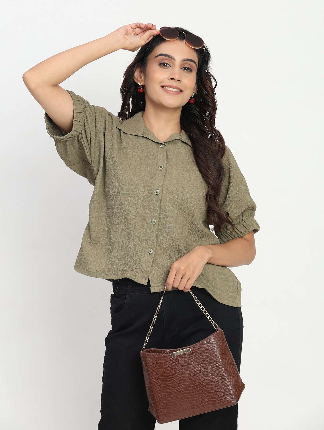 women solid puff sleeve collared shirt top