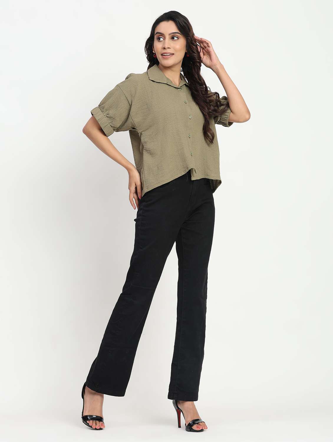 women solid puff sleeve collared shirt top - 22083564 - Standard Image - 3