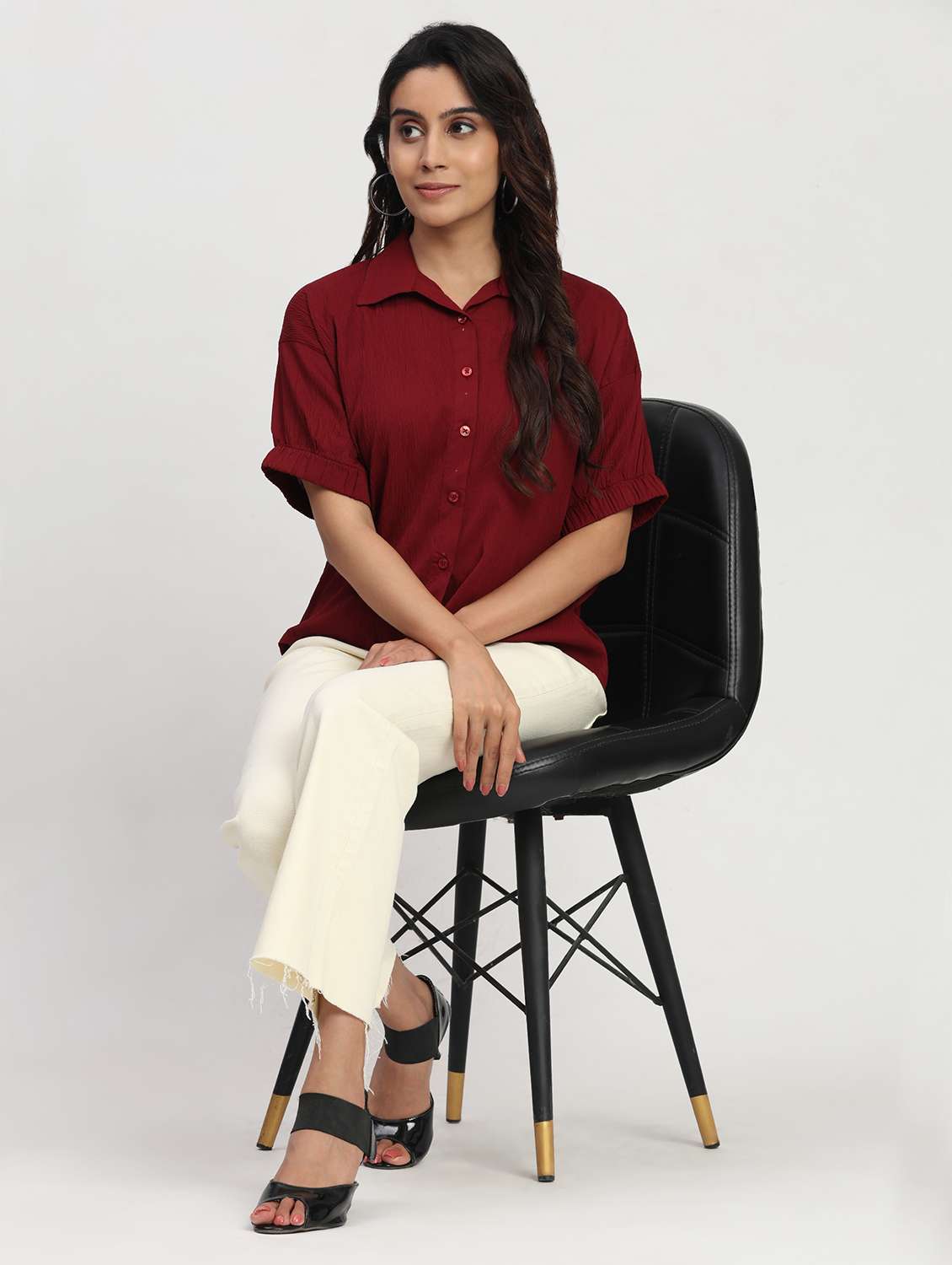 women solid short sleeve collared shirt top - 22083565 - Standard Image - 3