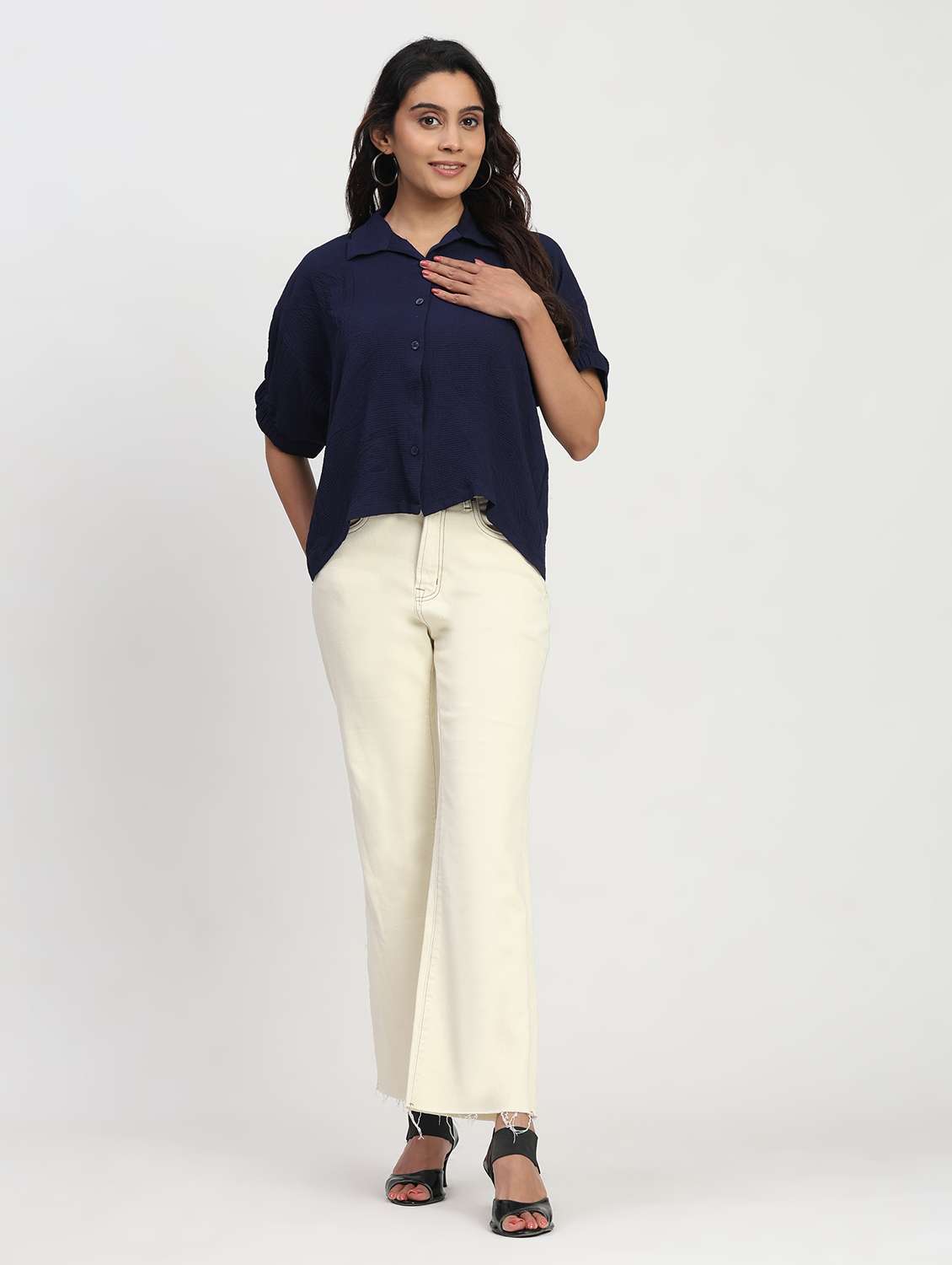 women solid short sleeve collared shirt top - 22083566 - Standard Image - 3