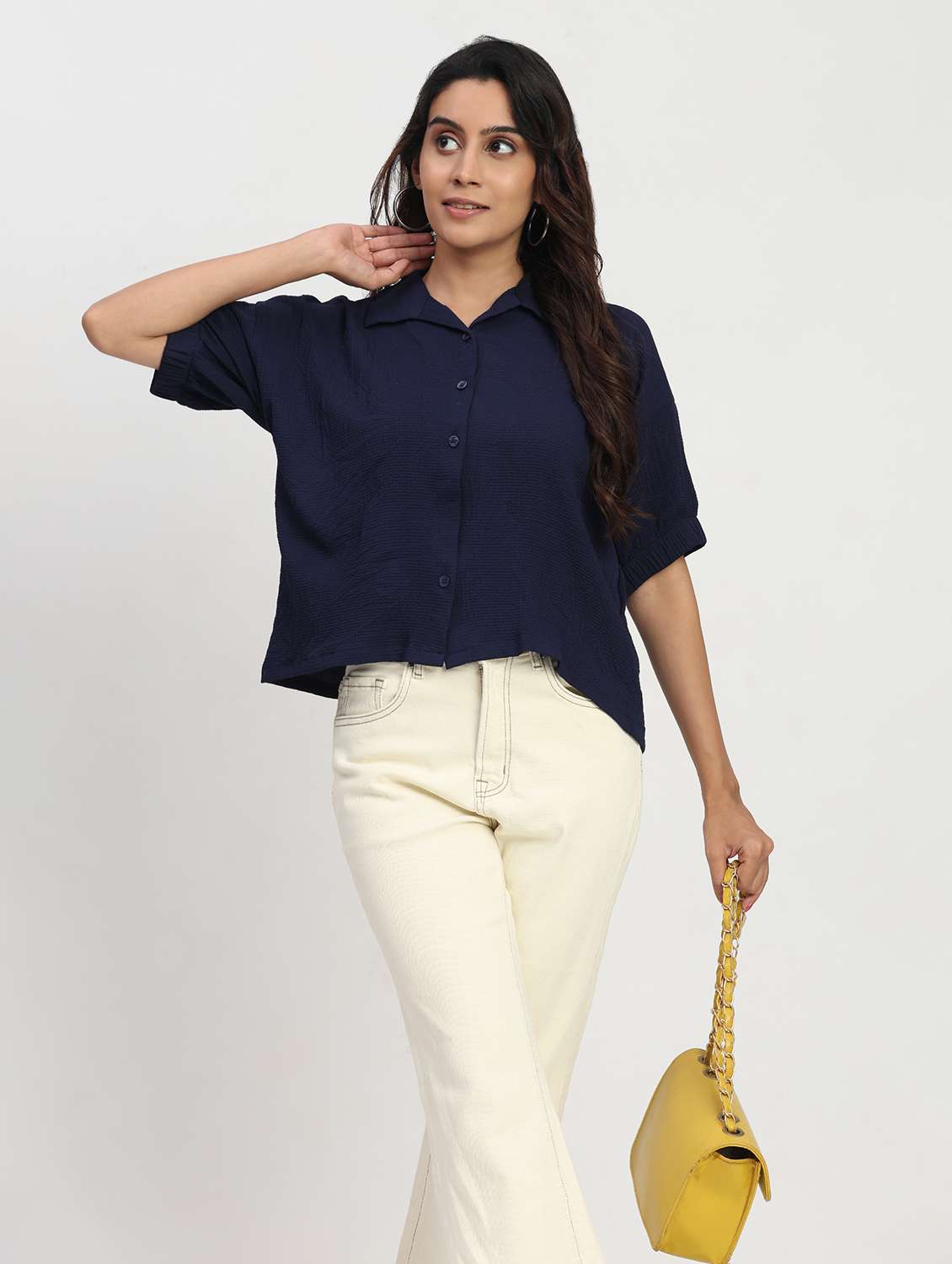 women solid short sleeve collared shirt top - 22083566 - Standard Image - 5