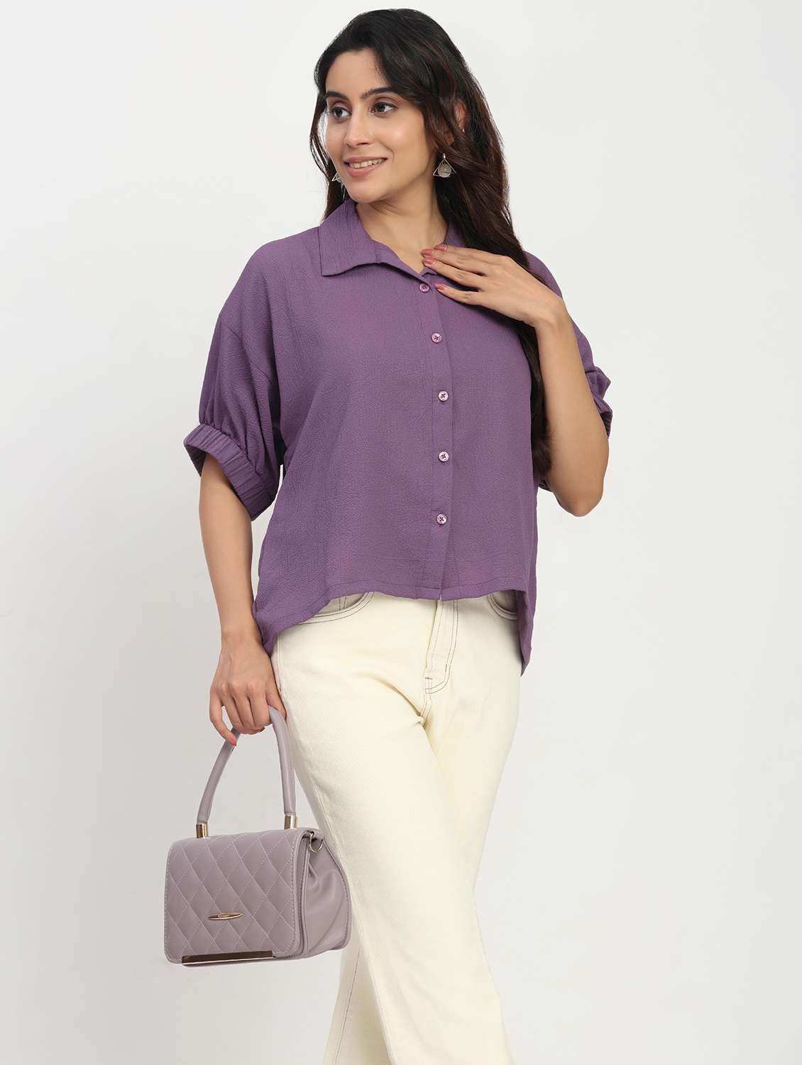 women solid short sleeve collared shirt top