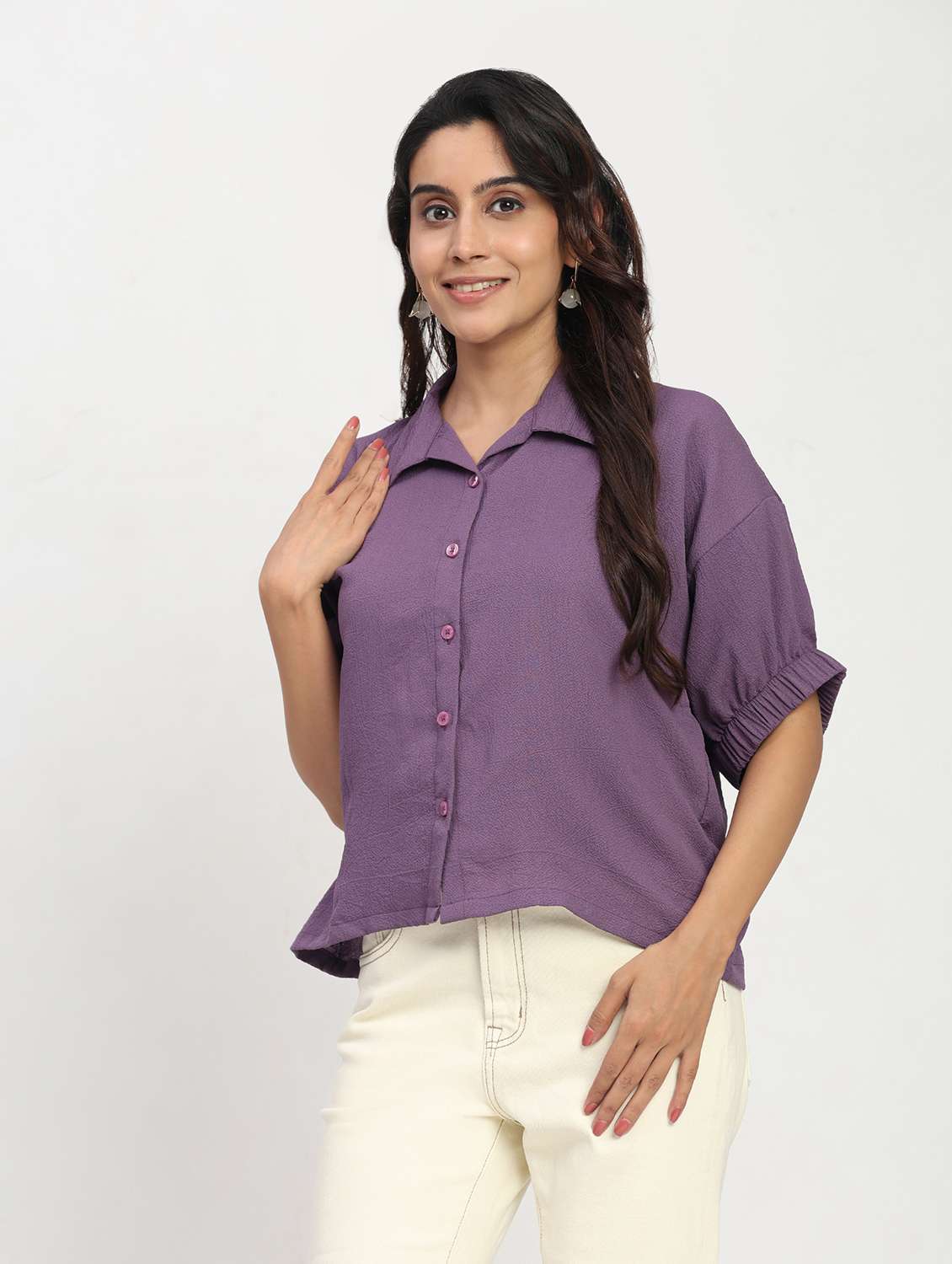 women solid short sleeve collared shirt top - 22083567 - Standard Image - 3