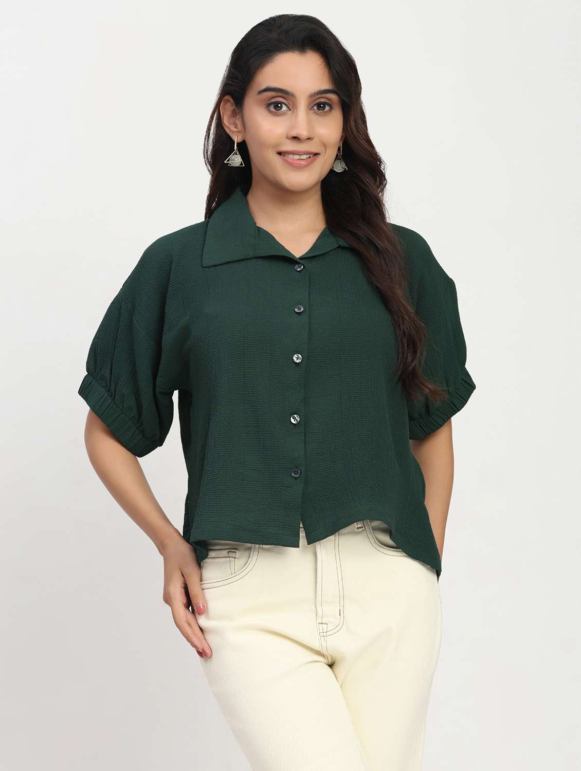 women solid short sleeve collared shirt top - 22083568 - Zoom Image - 0