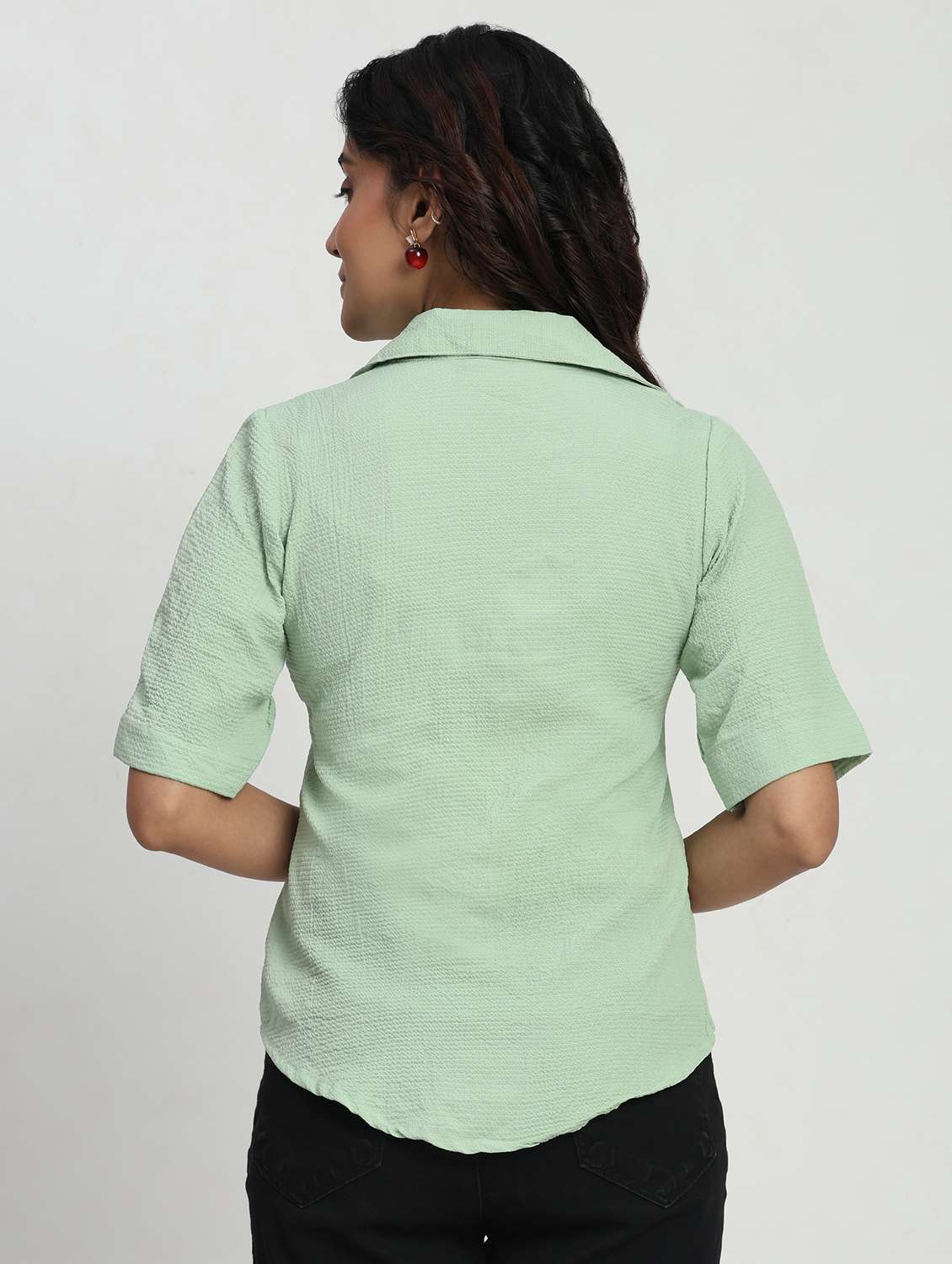 women solid short sleeve lapel collar shirt top - 22083570 - Standard Image - 3