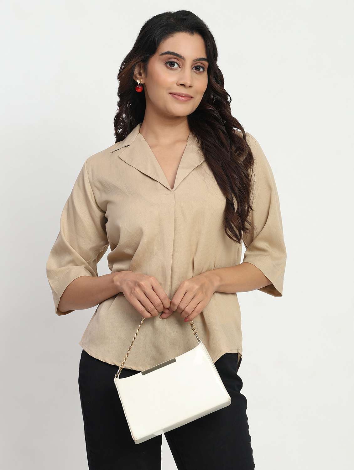 women solid three quarter sleeve lapel collar shirt top