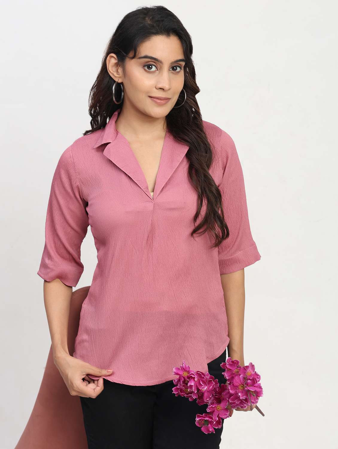 women solid short sleeve lapel collar shirt top - 22083572 - Zoom Image - 0