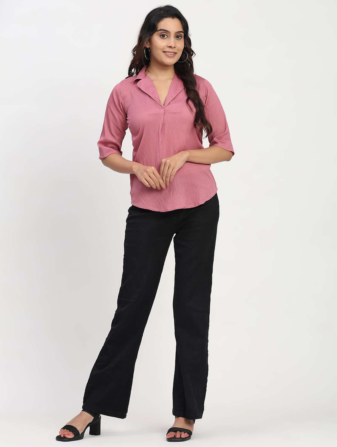 women solid short sleeve lapel collar shirt top - 22083572 - Standard Image - 3
