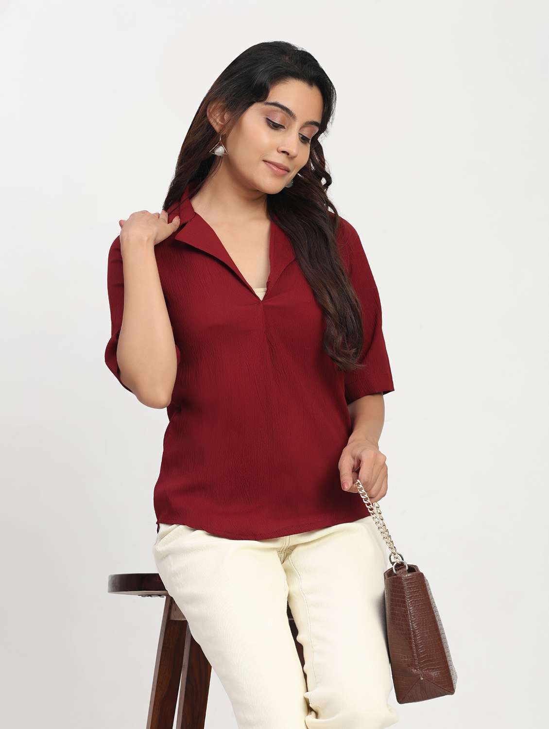 women solid short sleeve lapel collar shirt top - 22083574 - Zoom Image - 0