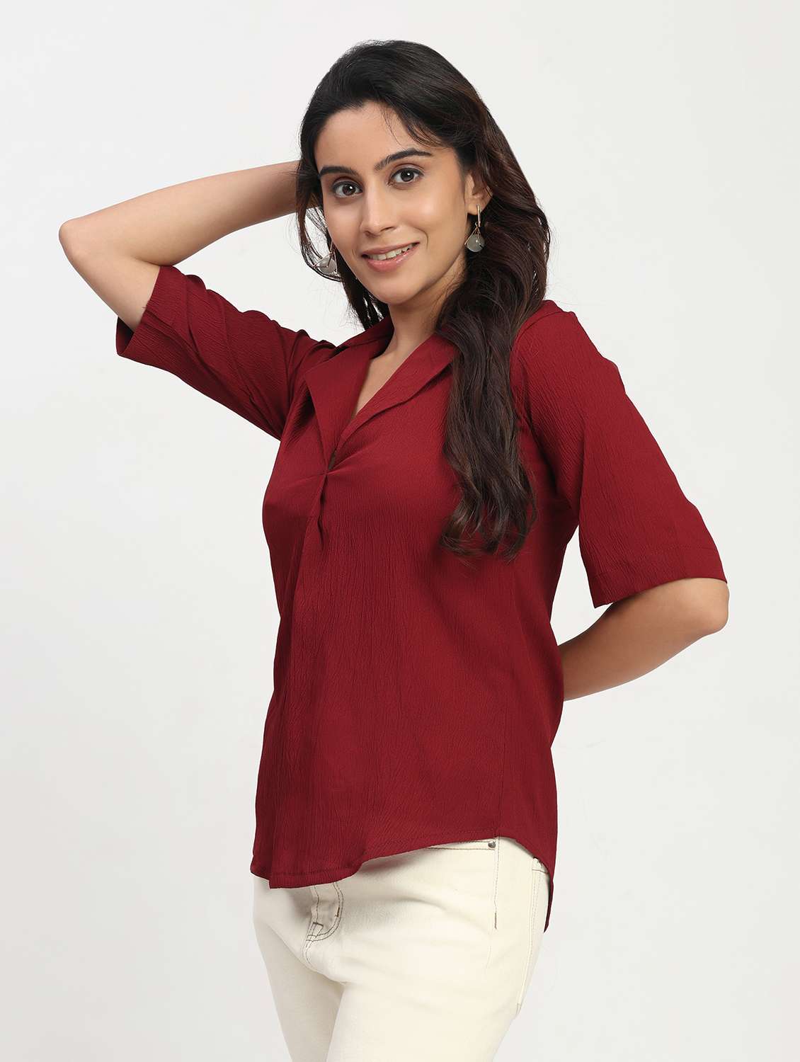 women solid short sleeve lapel collar shirt top - 22083574 - Standard Image - 3
