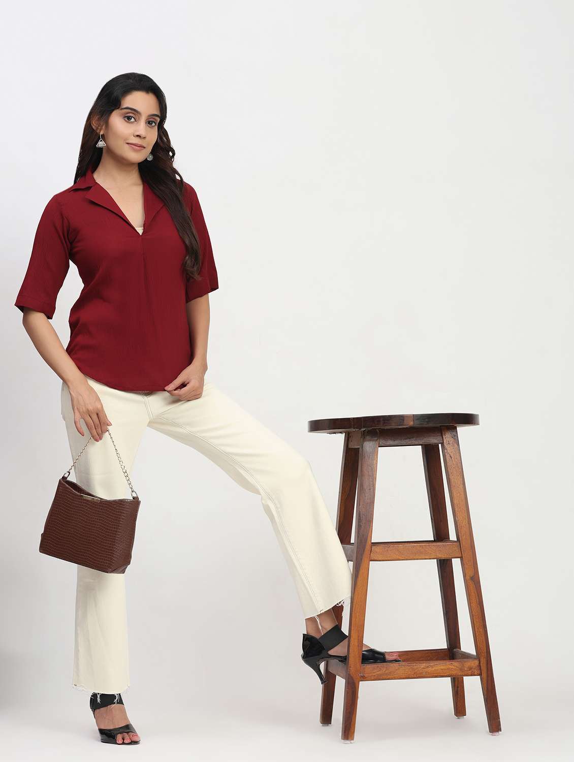 women solid short sleeve lapel collar shirt top - 22083574 - Standard Image - 5