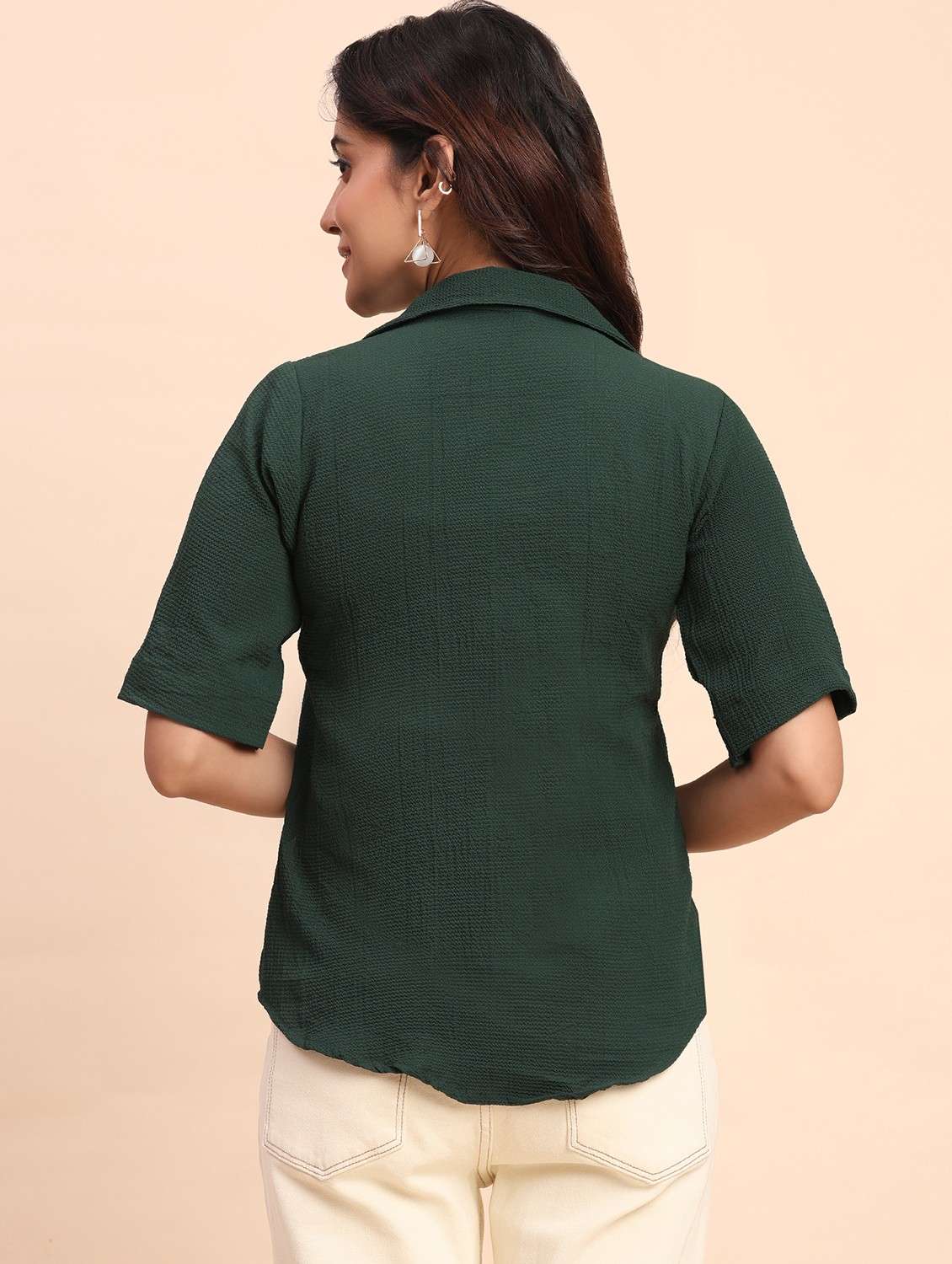 women solid short sleeve lapel collar shirt top - 22083575 - Standard Image - 3