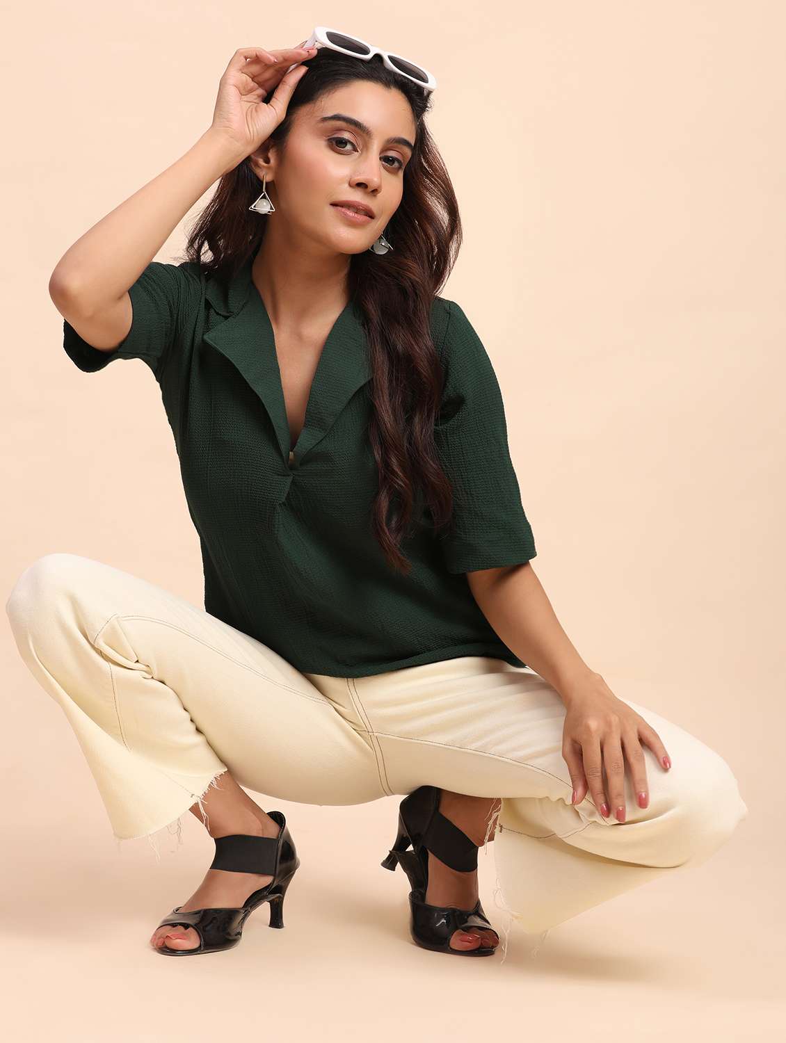 women solid short sleeve lapel collar shirt top - 22083575 - Standard Image - 5