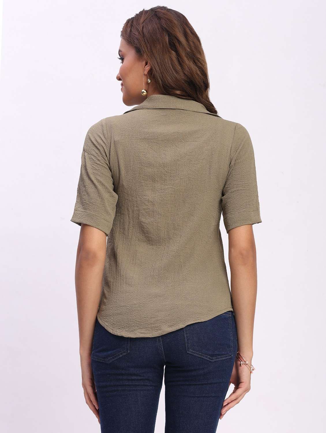 women solid short sleeve lapel collar shirt top - 22083576 - Standard Image - 3