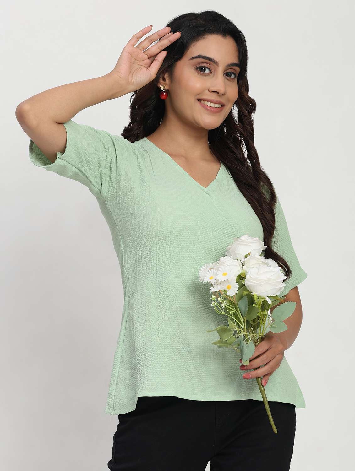 women solid short sleeve overlap neck peplum top