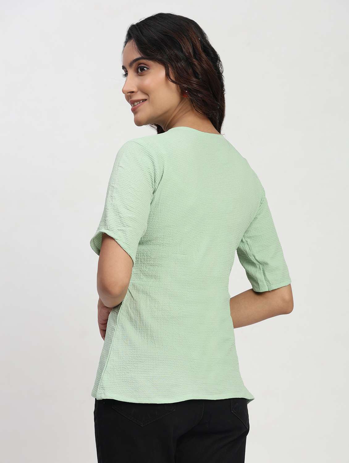 women solid short sleeve overlap neck peplum top - 22083577 - Standard Image - 3