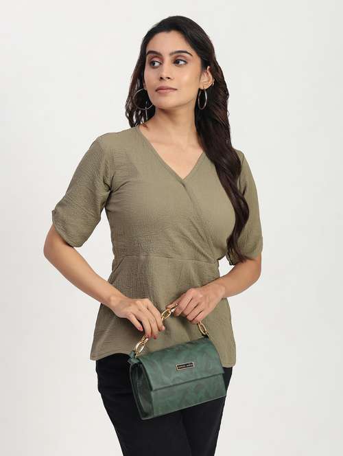 women solid short sleeve overlap neck peplum top - 22083579 - Standard Image - 0