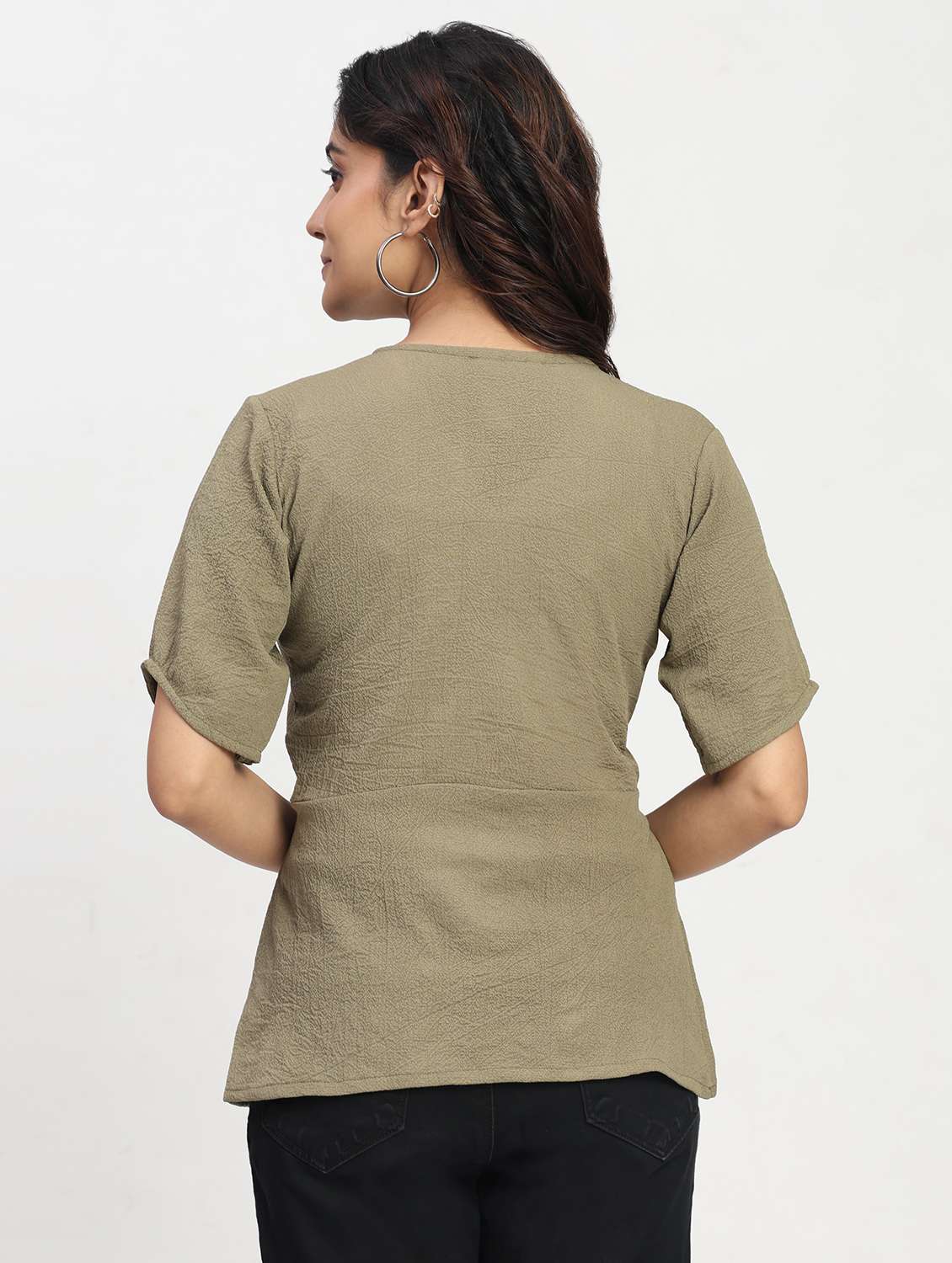 women solid short sleeve overlap neck peplum top - 22083579 - Standard Image - 3