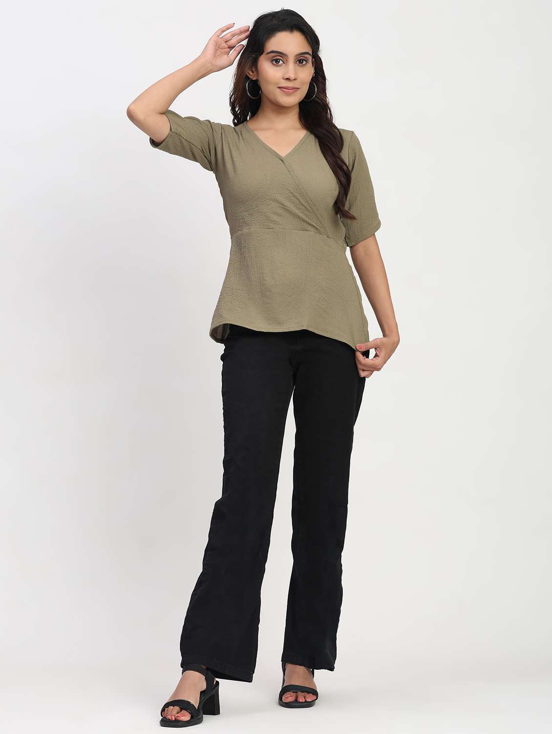 women solid short sleeve overlap neck peplum top - 22083579 - Standard Image - 5