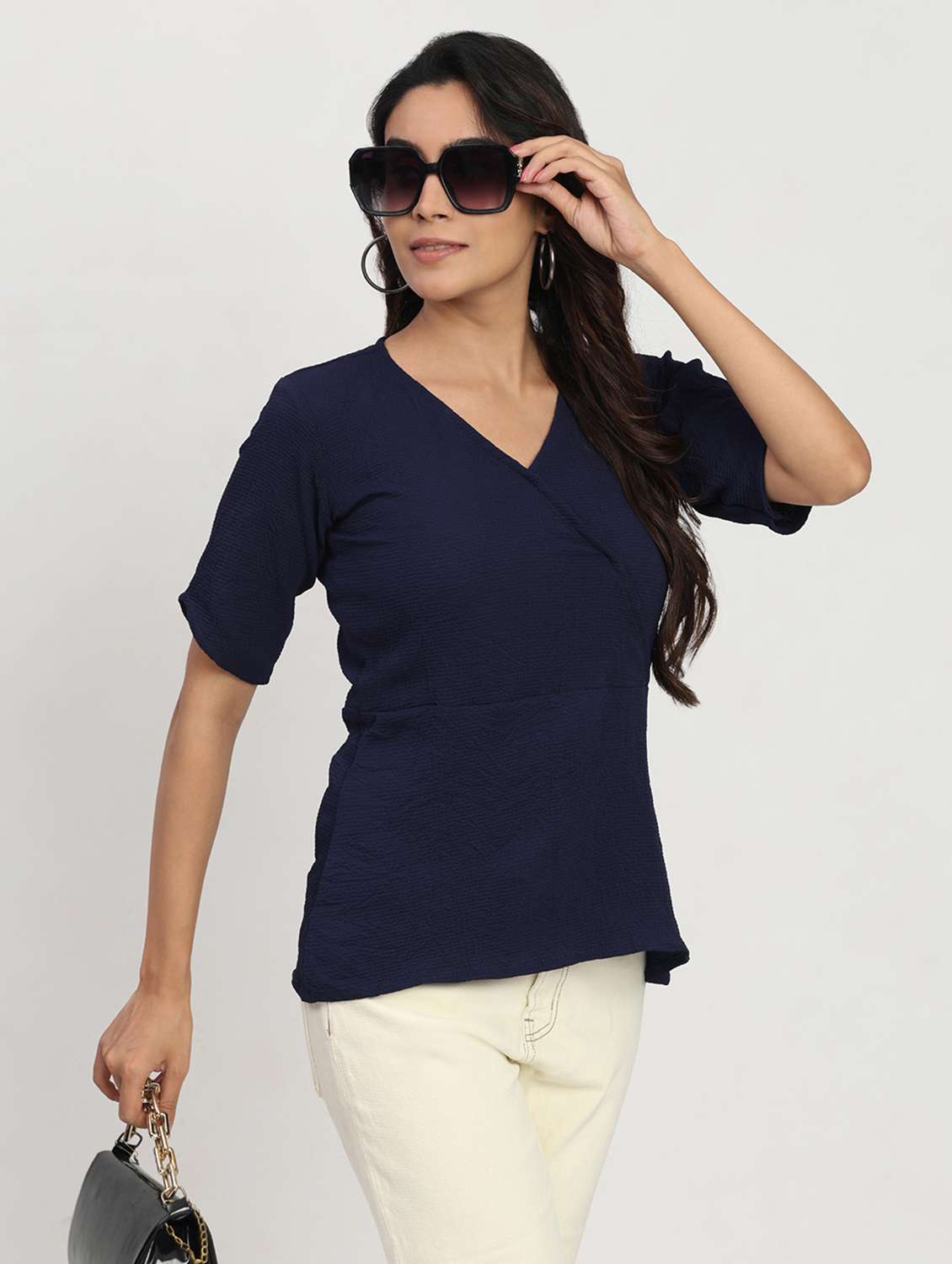 women solid short sleeve overlap neck peplum top