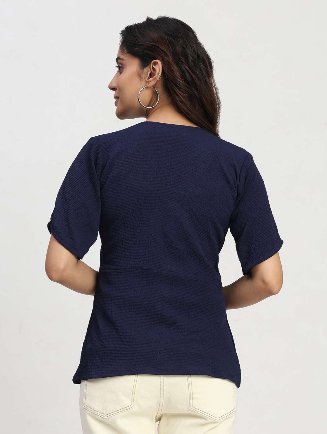 women solid short sleeve overlap neck peplum top - 22083580 - Standard Image - 3