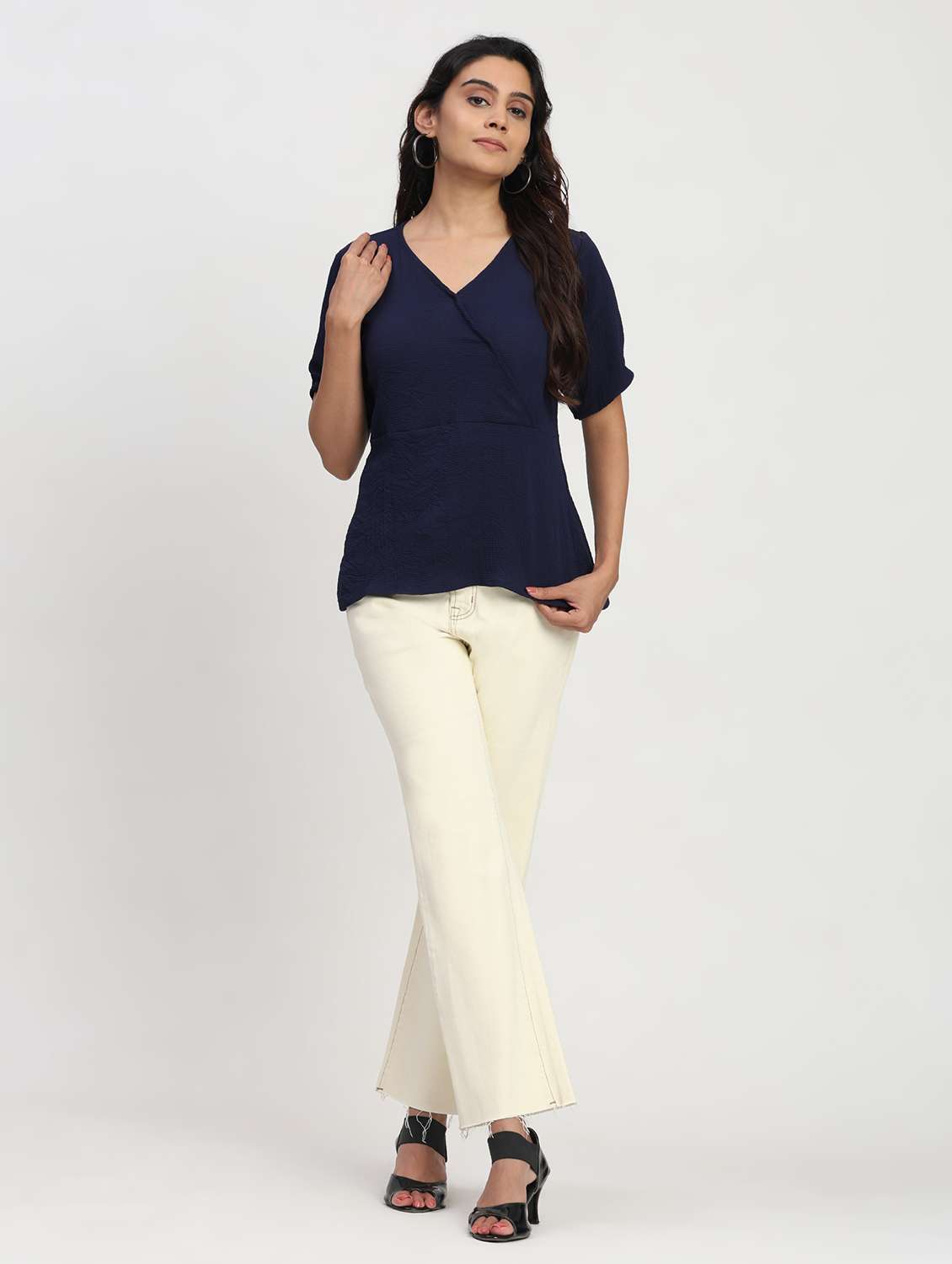 women solid short sleeve overlap neck peplum top - 22083580 - Standard Image - 5