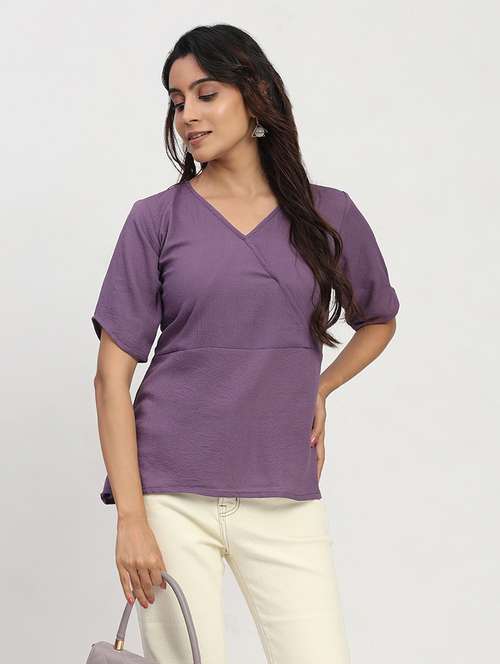 women solid short sleeve overlap neck peplum top - 22083581 -  Standard Image - 0
