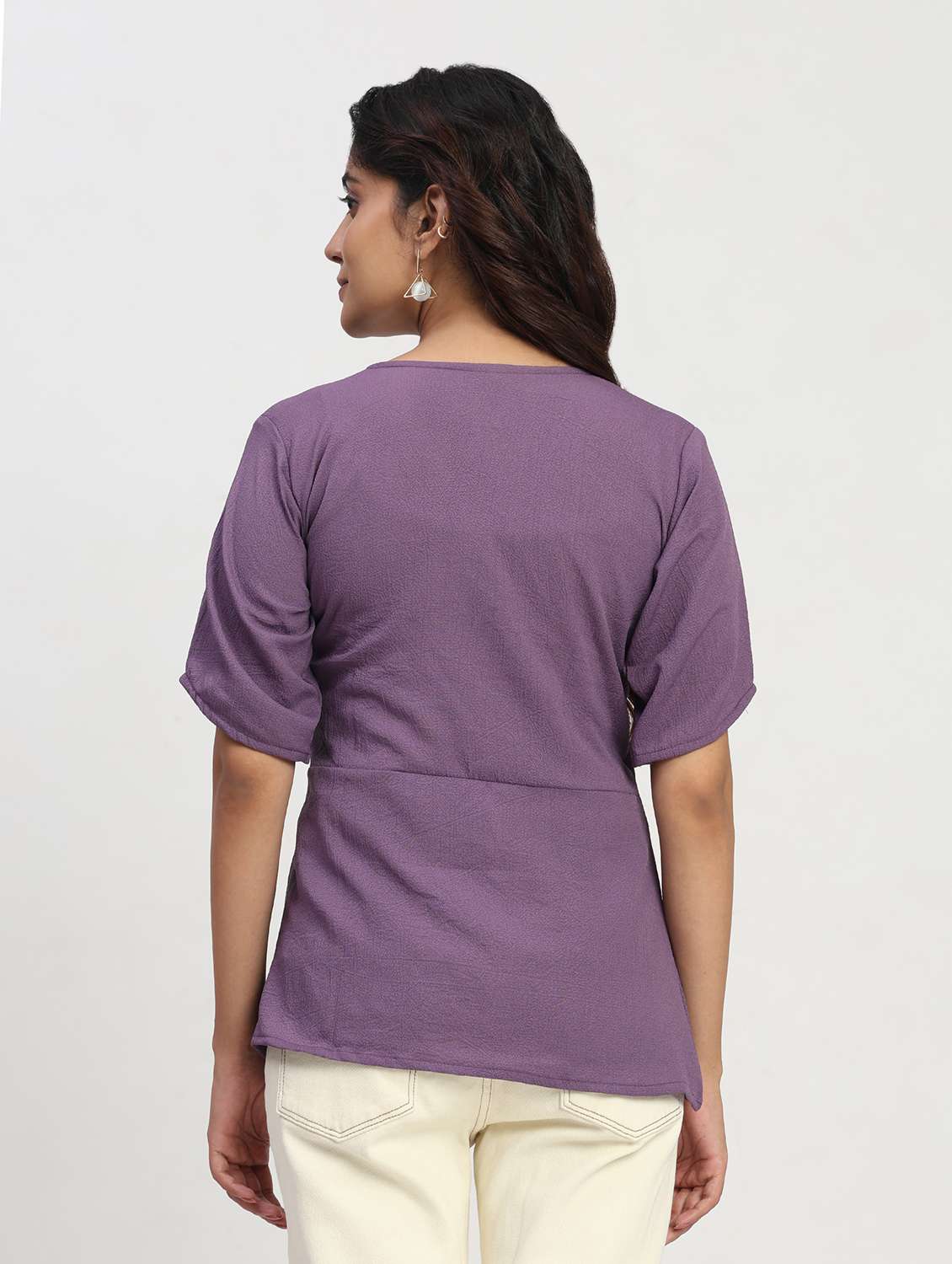 women solid short sleeve overlap neck peplum top - 22083581 - Standard Image - 3