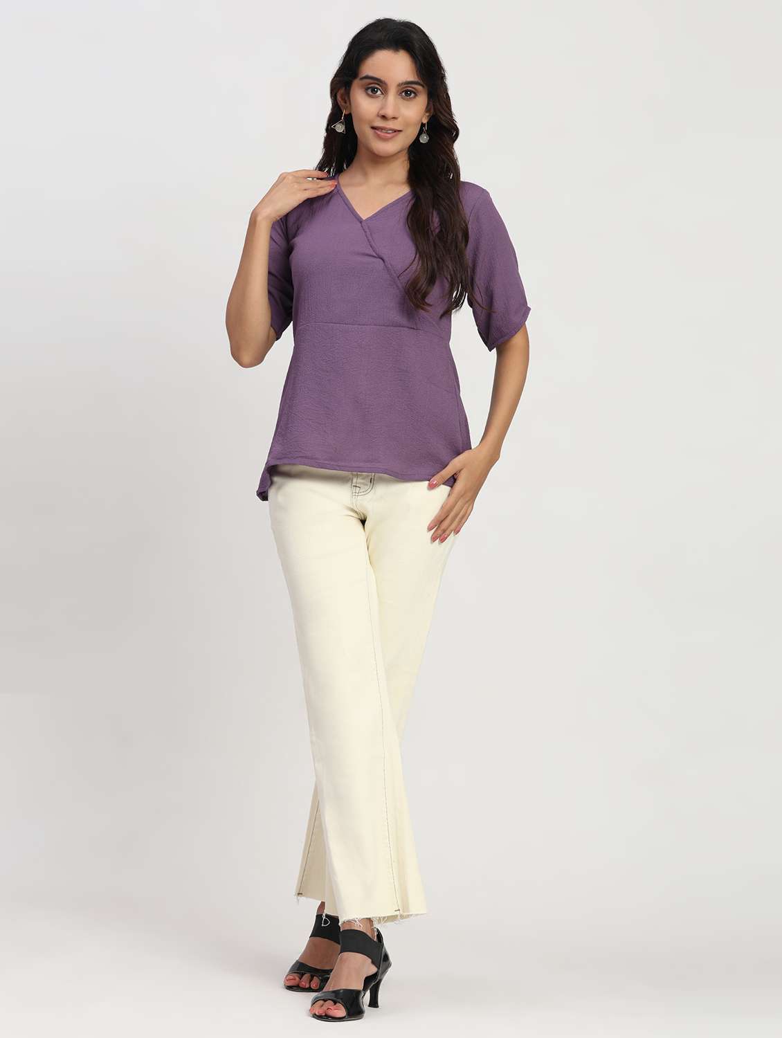 women solid short sleeve overlap neck peplum top - 22083581 - Standard Image - 5