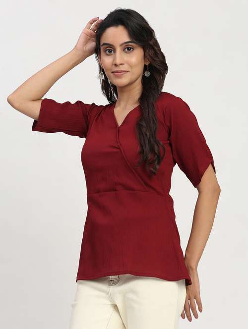 women solid short sleeve overlap neck peplum top - 22083582 -  Standard Image - 0