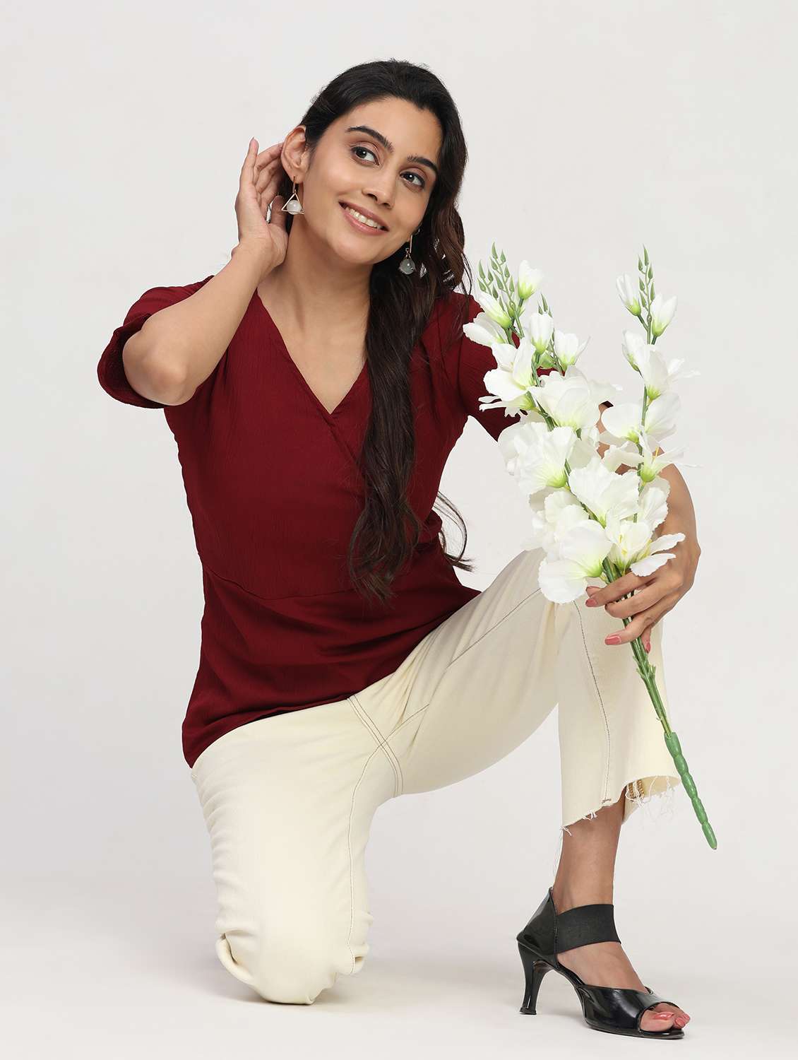 women solid short sleeve overlap neck peplum top - 22083582 - Standard Image - 3