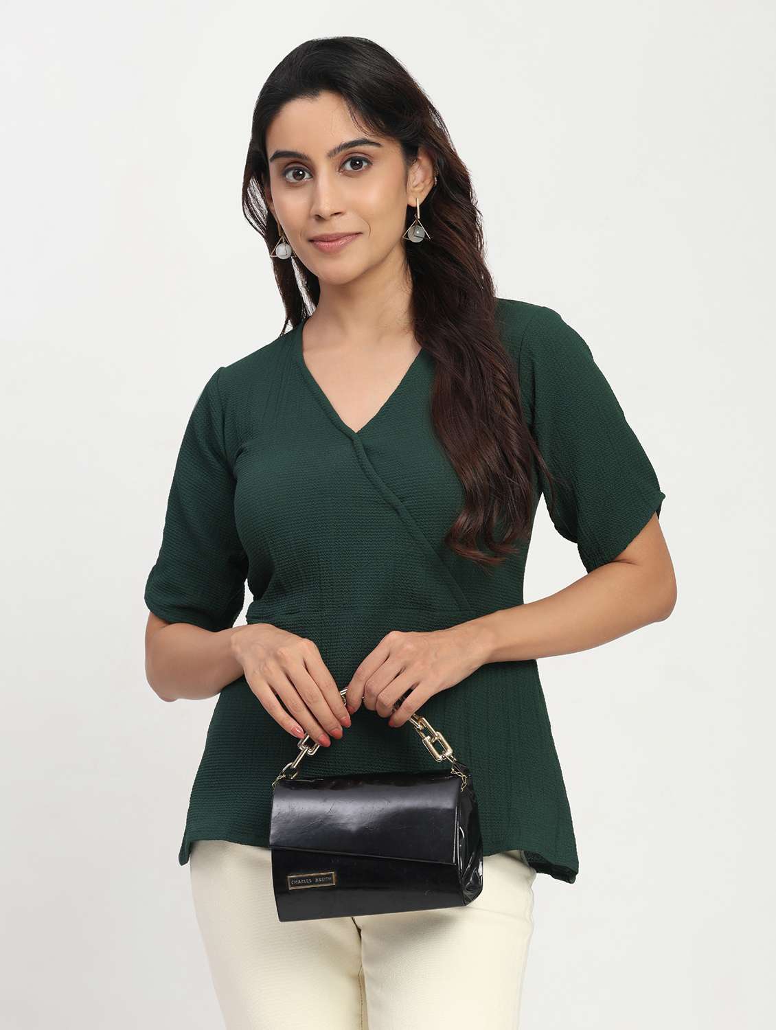 women solid short sleeve overlap neck peplum top