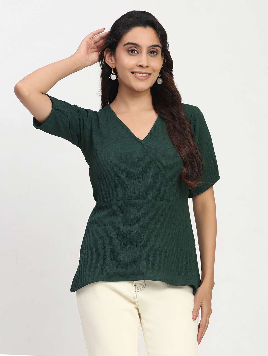 women solid short sleeve overlap neck peplum top - 22083583 - Standard Image - 3