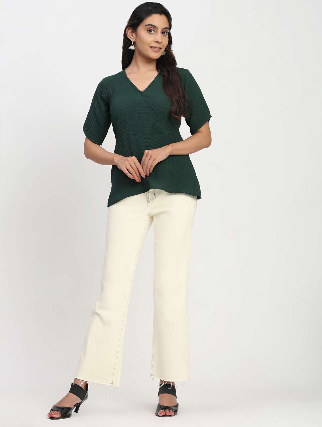 women solid short sleeve overlap neck peplum top - 22083583 - Standard Image - 5