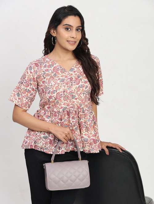 women printed short sleeve overlap neck peplum top - 22083585 -  Standard Image - 0