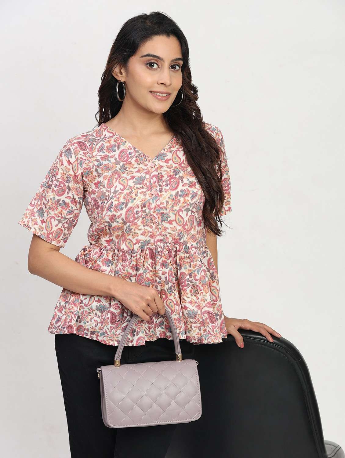 women printed short sleeve overlap neck peplum top - 22083585 -  Zoom Image - 0