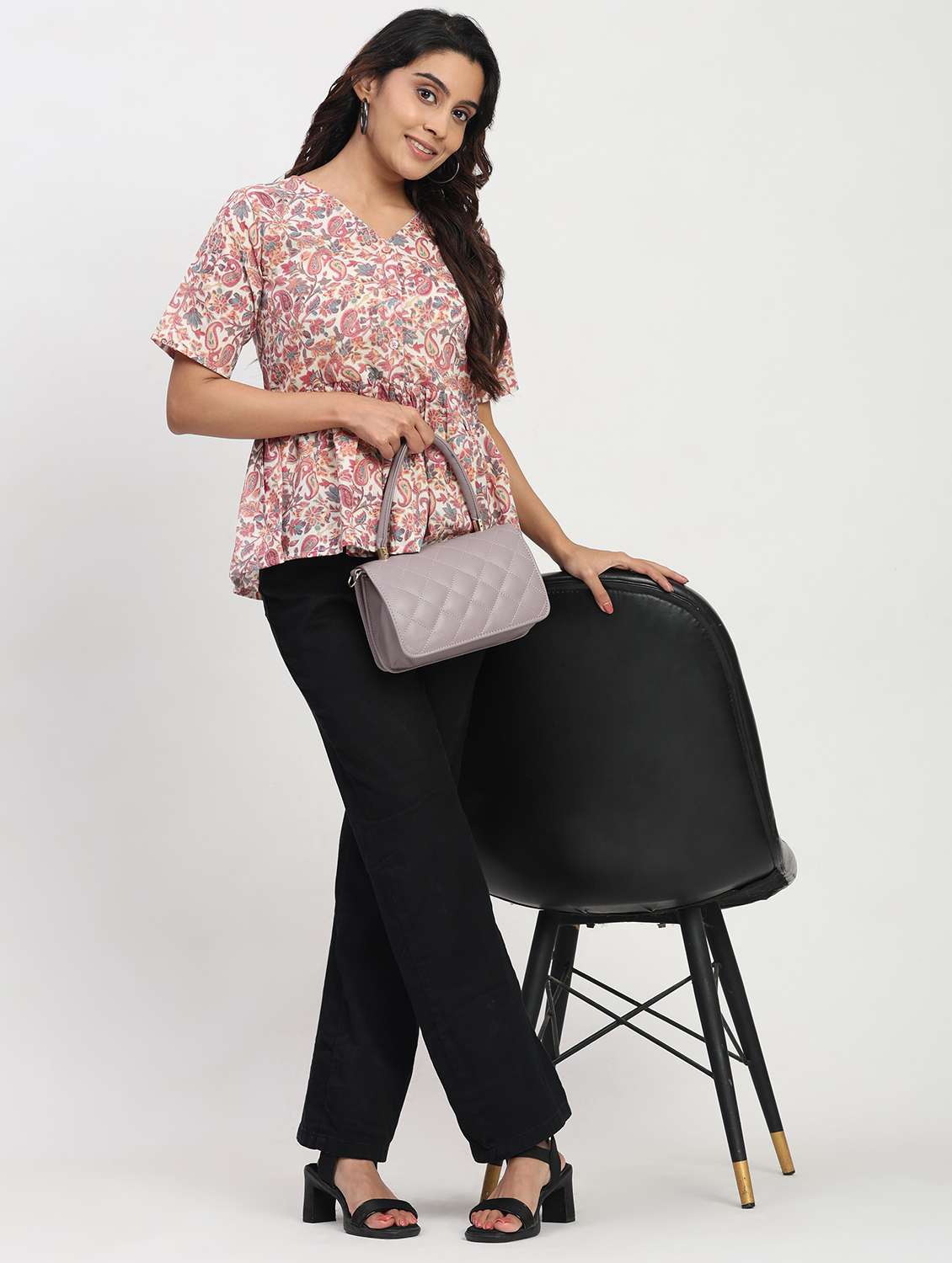 women printed short sleeve overlap neck peplum top - 22083585 - Standard Image - 3