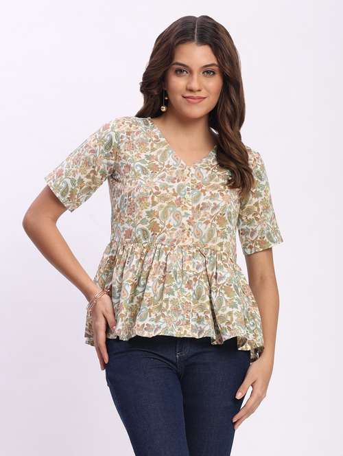 women printed short sleeve overlap neck peplum top - 22083586 - Standard Image - 0