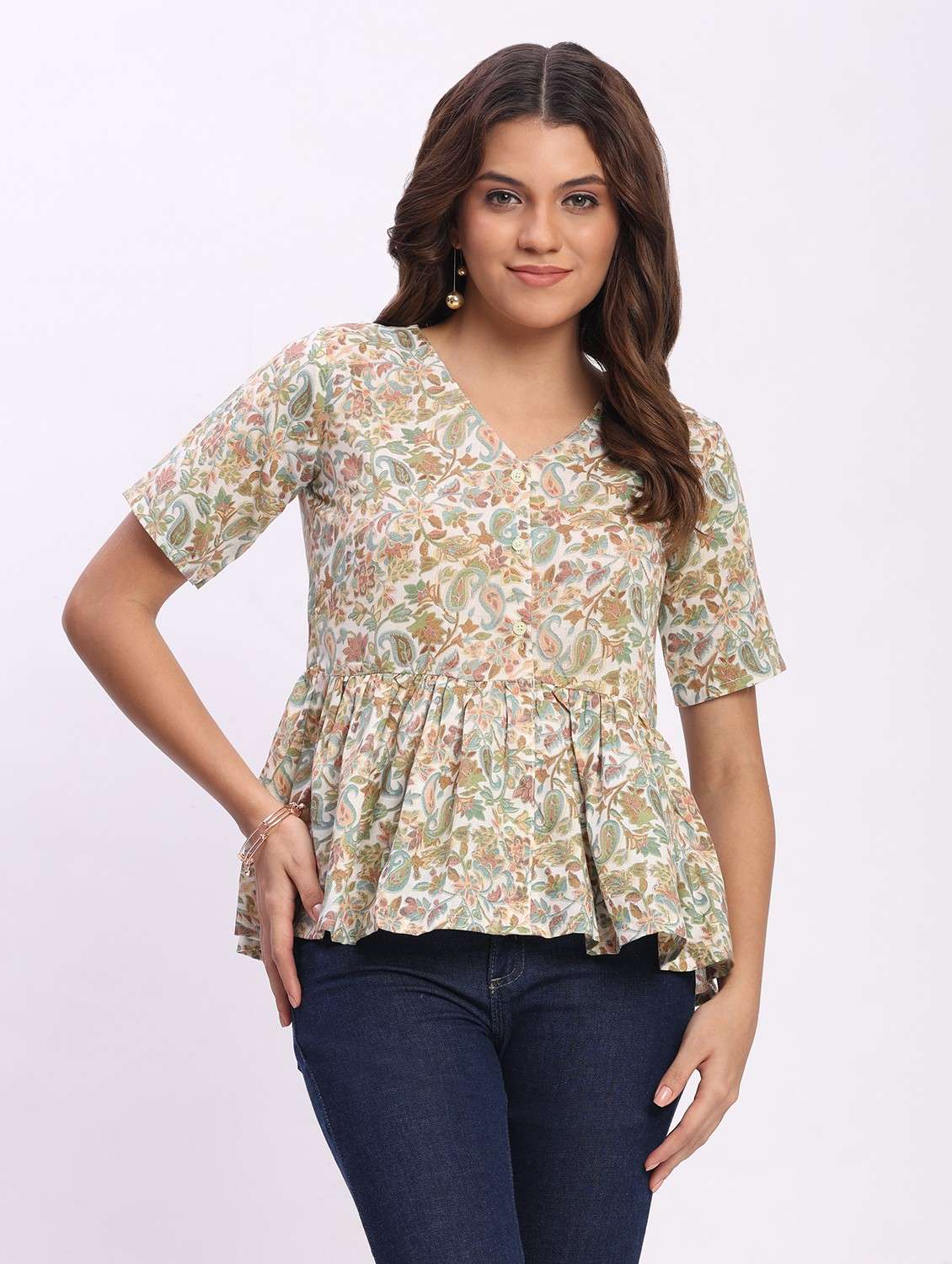 women printed short sleeve overlap neck peplum top - 22083586 - Zoom Image - 0